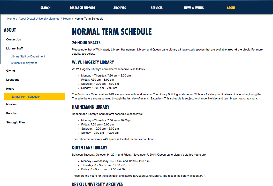 screenshot of normal term hours webpage from DUL website